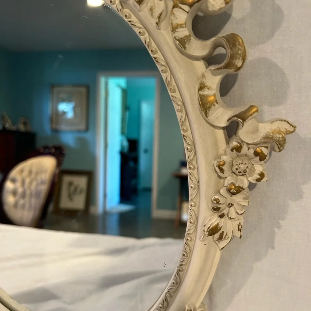 Vintage Syroco wood white and gold frame mirror, Victorian, bow